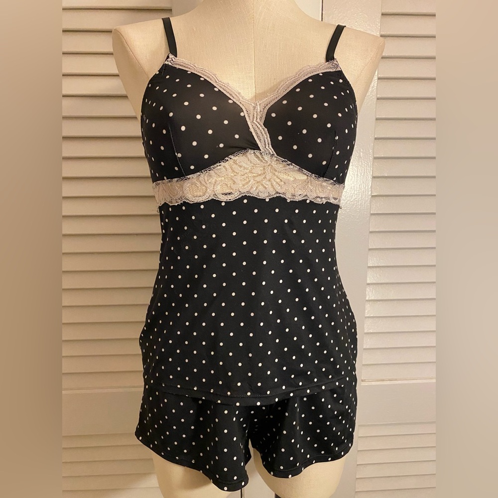 Black Polka Dot Lace Trim 2 Piece Sleepwear Set- Size Small